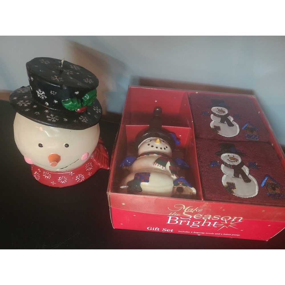 Vintage Snowman Head Candle Top Hat Scarf 7" Tall & 2‎ towels with lotion pump